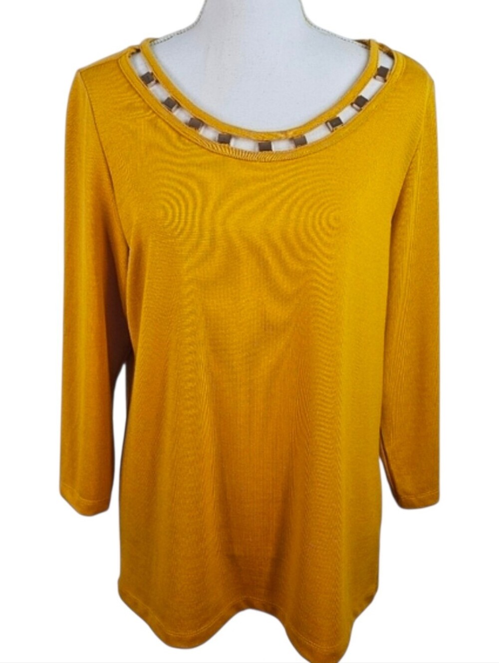 Mustard Yellow Tunic Top XL 3/4 Sleeve Embellished Neck Casual Stretch Top